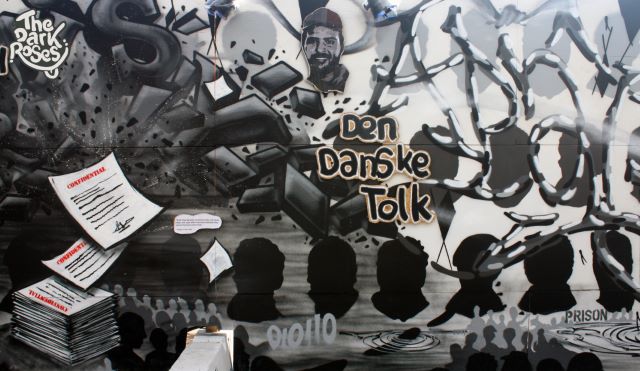 Detail: Den Danske Tolk - Hero or Traitor? Mural by Aim 1, Avelon 31, DoggieDoe, More, Motus and Nexr - The Dark Roses Since 1984 - GALORE Urban Art Festival, Toftegårds Plads, Valby, Copenhagen, Denmark August 2013